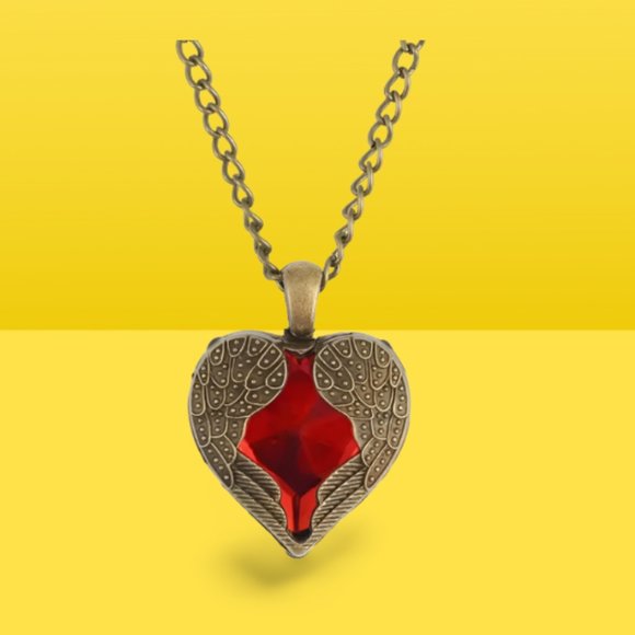 Red Crystal Heart Golden necklace with wings - Picture 1 of 9